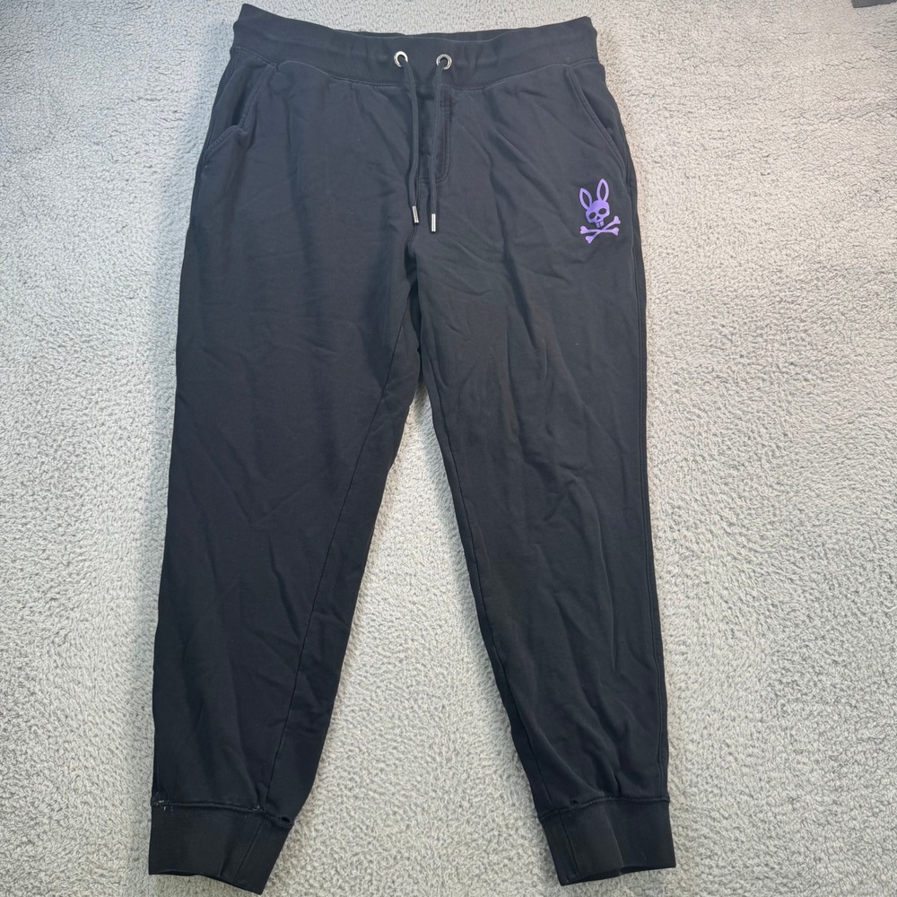 Psycho Bunny Mens Black Cotton Jogger Sweatpants Purple Logo XL